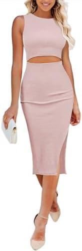 Pink Queen Women's Dresses Crew Neck Sleeveless Cutout Side Slit Bodycon Midi Party Dress, S