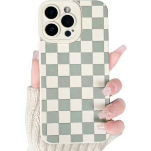 Lovmooful Compatible for iPhone 16 Pro Case Cute Checkerboard Lattice Plaid with Color Design for Girls Women Soft TPU Shockproof Protective Girly for iPhone 16 Pro Case-White&Green