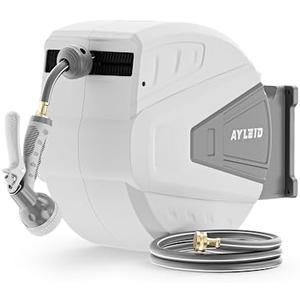 Ayleid Retractable Garden Hose Reel,1/2 in x 130 ft Wall Mounted Hose Reel, with 9- Function Sprayer Nozzle, Any Length Lock/Slow Return System/Wall Mounted/180°Swivel Bracket (Grey)