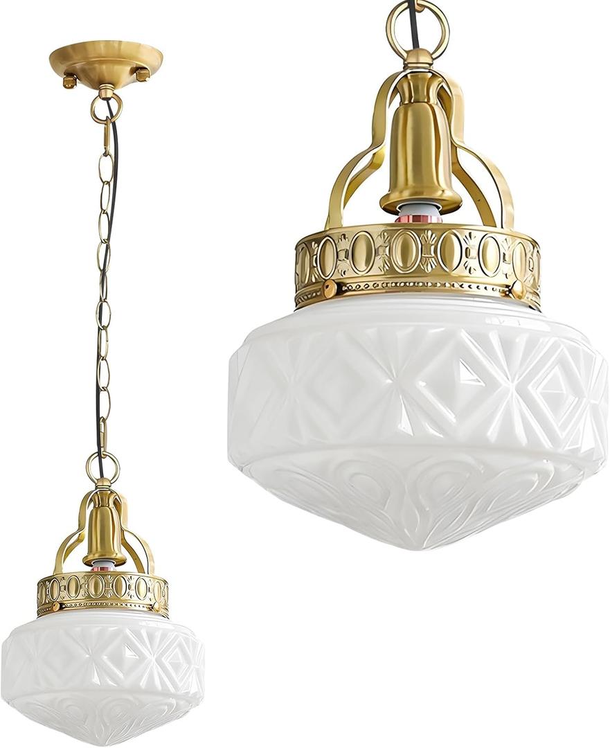 KCO Lighting Vintage Milk Glass Hanging Pendant Light Brass Gold Pendant Light Kitchen Island Mid Century Modern Frosted Globe Chandelier Ceiling Light for Dining Room Living Room