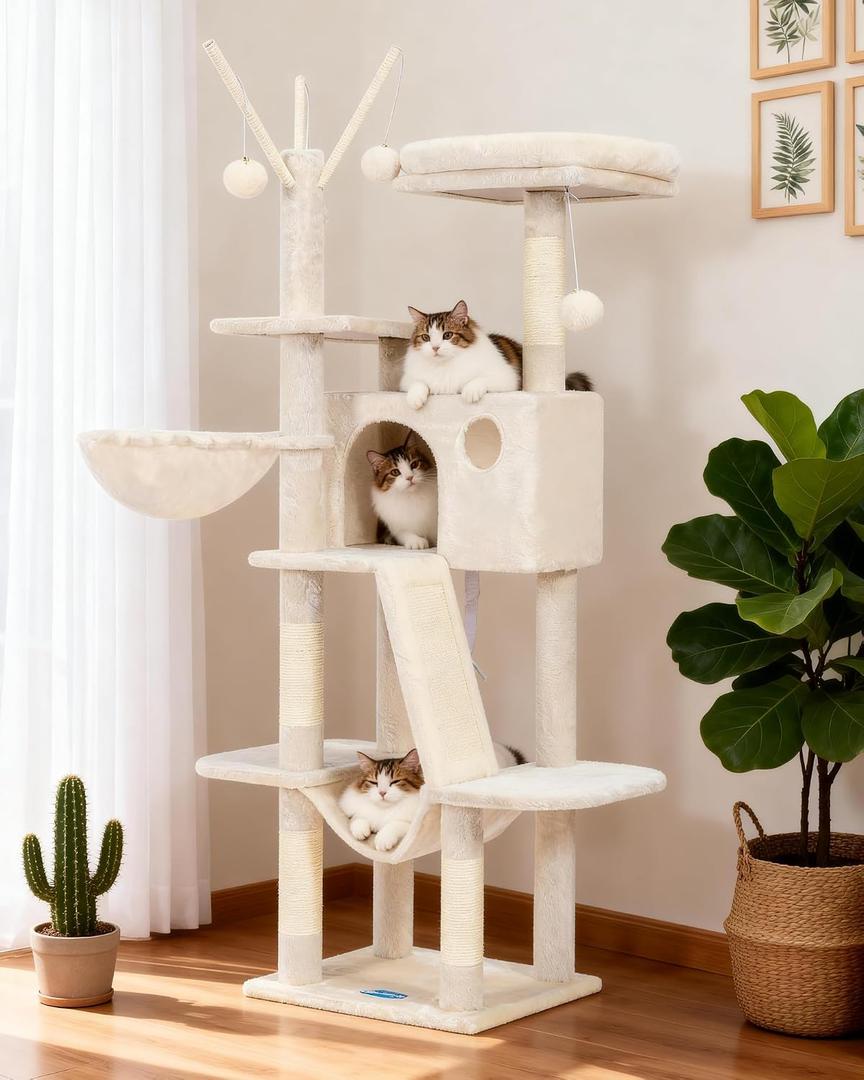Hey-brother Cat Tree, 53 inch Cat Tower for Indoor Cats, Cat House with Padded Platform Bed, Toy Balls, Large Cozy Condo, Hammocks and Sisal Scratching Posts, Beige MPJ019-SM