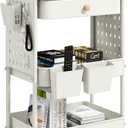 danpinera Rolling Utility Cart with Drawer, 3 Tier Rolling Cart with Wheels, Hooks & Hanging Cups, Craft Cart Art Cart Snack Cart Rolling Storage Cart with Wooden Table Top & DIY Pegboards, White