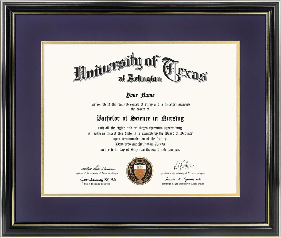 GraduationMall 11x14 Diploma Frame with Purple over Gold Mat or Display 15x18 Certificate without Mat,Solid Wood & UV Protection Acrylic,Glossy Black Finish with Gold Trim