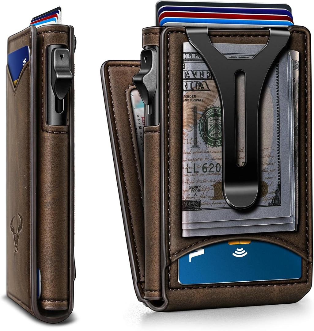BULLIANT Men Wallet,Magnetic Metal Wallet Money Clip 9Cards Pop-up Access RFID Blocking (Coffee-4338)
