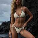 ZAFUL Women's Textured Triangle Bikini Set Contrast Trim Halter Tie Side Cheeky Two Piece Swimsuit (White)