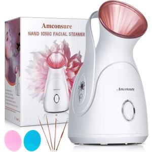 Facial Steamer, Amconsure Nano Ionic Face Steamer for Home, 100ML Warm Mist Humidifier for Women Moisturizing, Unclogs Pores-Bonus Stainless Steel Skin Kit and 2 Face Scrubbers (C-rose Gold)