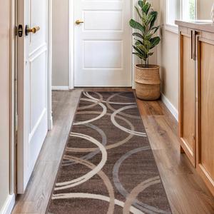Rugshop Modern Wavy Circles Design Runner Rug, Carpet with Jute Backing for Hallway, Entryway, or Kitchen, Brown, 2'7" x 8'