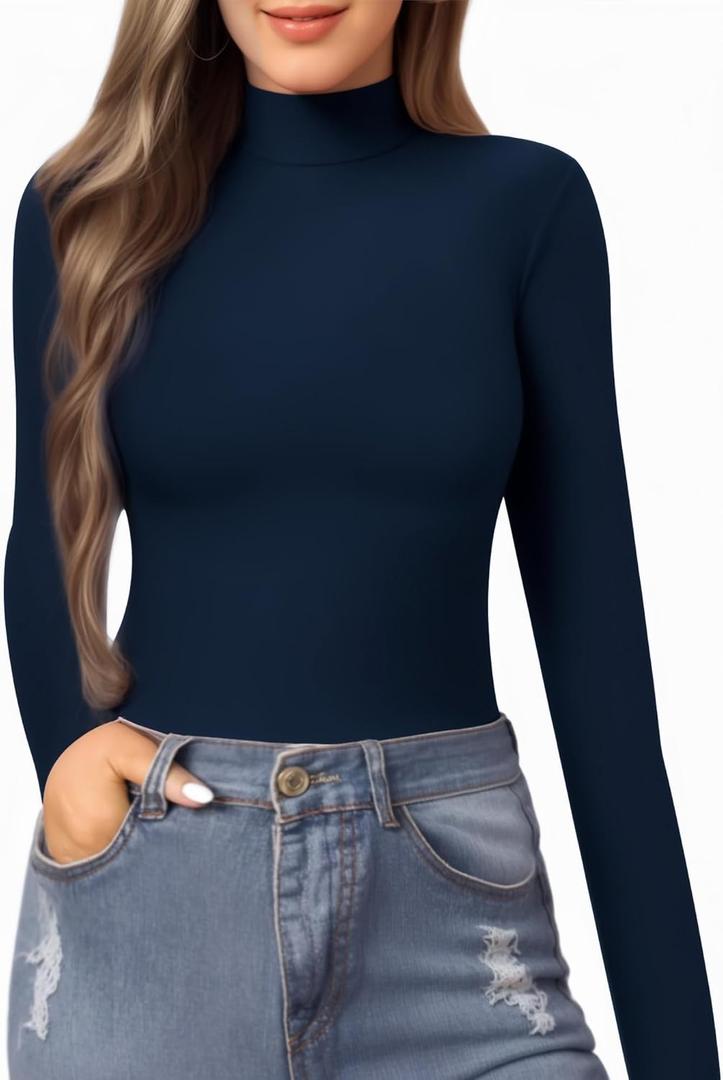 MANGOPOP Women's Mock Turtle Neck Slim Fit Half Elbow Short 3/4 Short Long Sleeve T Shirts Tight Tops Tee, Size S