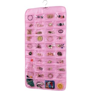Bloss Mothers Day Gifts, Hanging Jewelry Organizer, Double Sided 80 Pocket Jewelry Chain Storage Bag 2 Layer of Fabric Jewelry Organizer Holder for Necklace Bracelet Earring Ring Chain (Pink)
