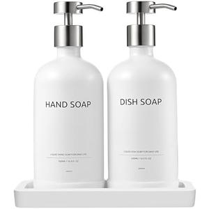 Janxin Glass Kitchen Soap Dispenser  with Ceramic Tray,16.9 floz Dish Soap Dispenser for Kitchen and Bathroom Decor (White Bottles + Silver Pumps)