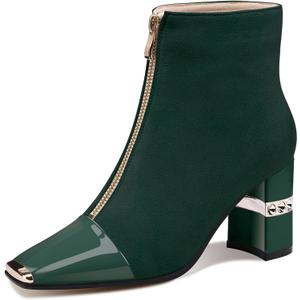 Jimishow Ankle Booties Block Heeled Winter Autumn Suede Short Boots For Women Chunky High Heel Square Toe Front Zipper Boots Green Size 12.5
