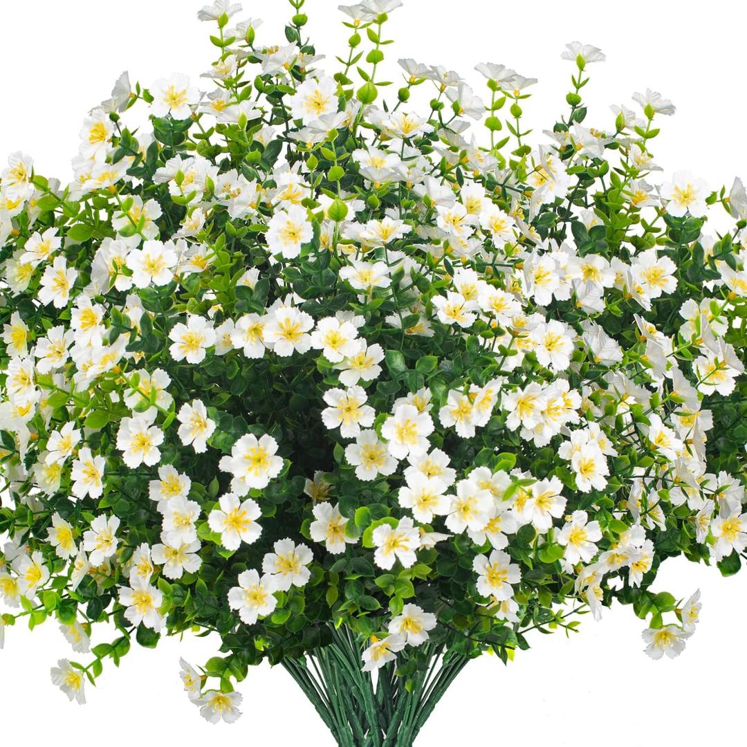 Grunyia Outdoor Artificial Flowers UV Resistant & Fade Proof, 12 Pack Realistic Fake Flowers for Garden, Patio, Lawn Decor - Weatherproof Plastic Plants (White)