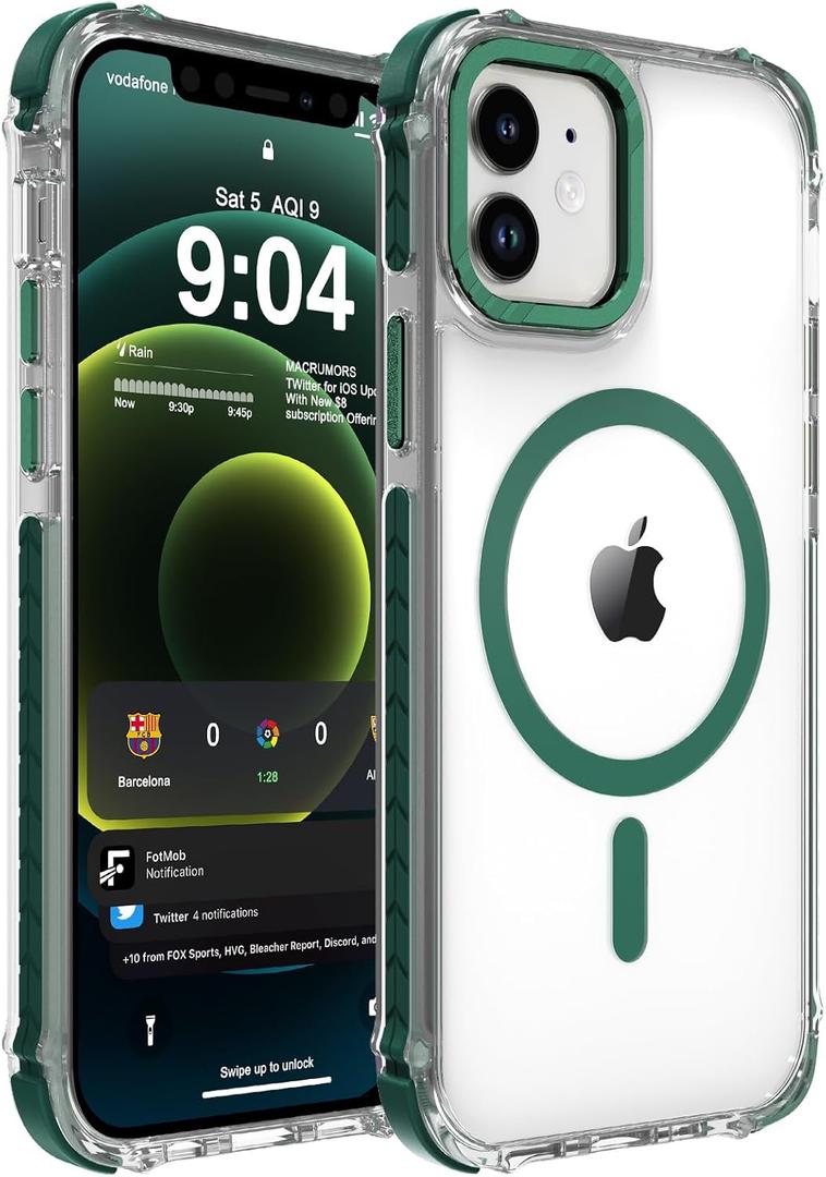 DEERLAMN Strong Magnetic Case for iPhone 12/12 Pro 6.1-Inch,[Compatible with Magsafe][Military Grade Drop Protection] Clear Slim Shockproof Protective Phone Cover-Transparent+Green