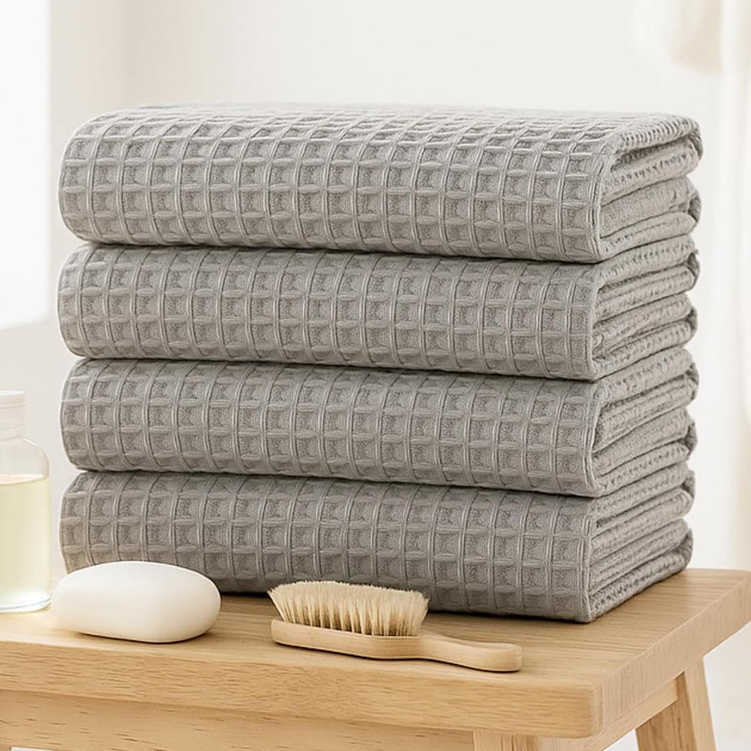 SmoothNovelty 4 Pack 100% Cotton Waffle Bath Towels 28 x 55 Inch Oversize Waffle Weave Towel Quick Dry Absorbent Soft Lightweight Blanket for Bathroom Shower Spa Yoga Beach Pool Travel, Gray
