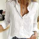 Astylish Womens V Neck Roll up Sleeve Button Down Blouses Tops (White, M)