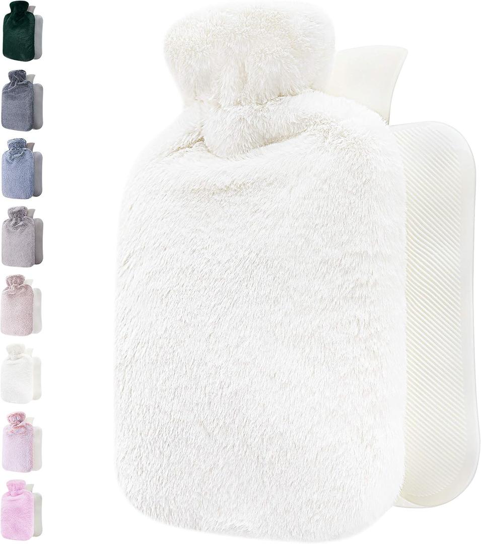 Qomfor Hot Water Bottle with Soft Cover - 1.8L Large - Classic Hot Water Bag for Pain Relief, Neck and Shoulders, Feet Warmer, Menstrual Cramps, Hot and Cold Therapy - Great Gift for Women - White