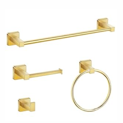 Bathroom Hardware Set 4 Pieces, Gold Stainless Steel Towel Bar Set, Includes 20In Towel Bar, Towel Ring, Robe Towel Hooks,Toilet Paper Holder, Bathroom Towel Rack Set
