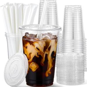 AOZITA 25 Pack - 16 oz Plastic Cups with Lids and Straws, Clear Iced Coffee Cups with Lids, Disposable Cups with Lids for Cold Drinks, Iced Tea, Milkshakes, Smoothies - Durable & BPA Free