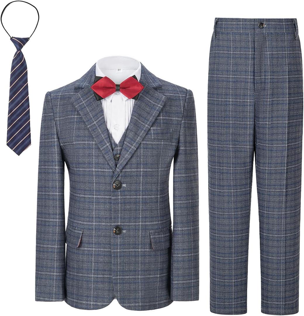 Boys Formal Suit Set Kids Toddler Tuxedo Slim Fit Plaid Suits for Teenage Boys 5-Piece Wedding Party Outfit, 5T