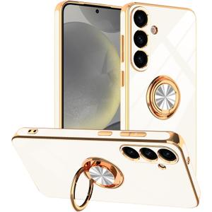 Tnarru Designed for Samsung Galaxy S25 Case with Ring Stand, Support Magnetic Car Mount Rotatable Finger Holder Soft TPU Cover Plating Edge Protective Slim Phone Case for Galaxy S25 White