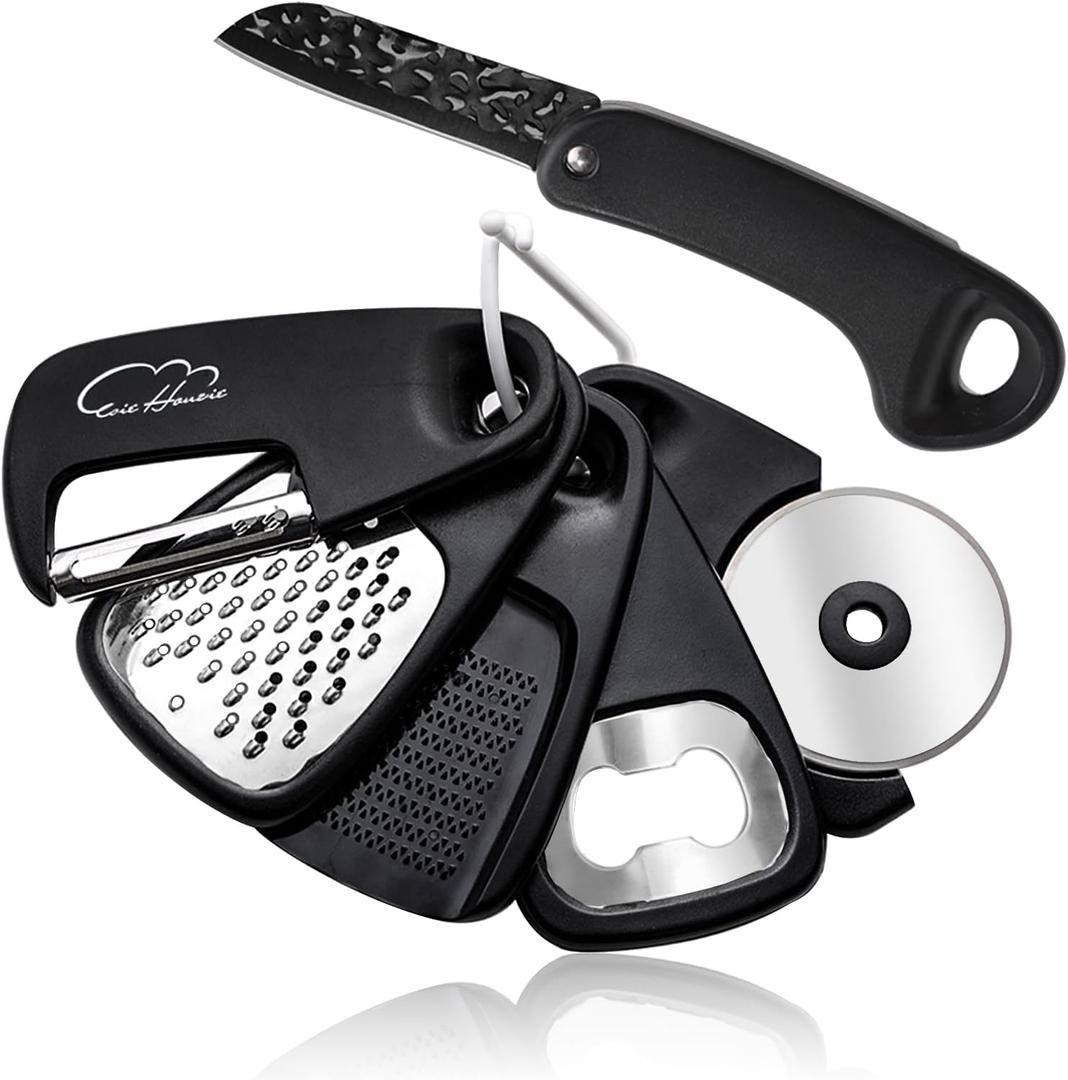 Kitchen Gadgets Set 6 Piece, Space Saving Kitchen Utensils Stainless Steel Accessories Cheese Grater, Bottle Opener, Pizza Cutter, Vegetable Peeler, Paring Knife, Garlic Grinder, Burlap Bag Gift(BLK) (Classical Black 6pcs)