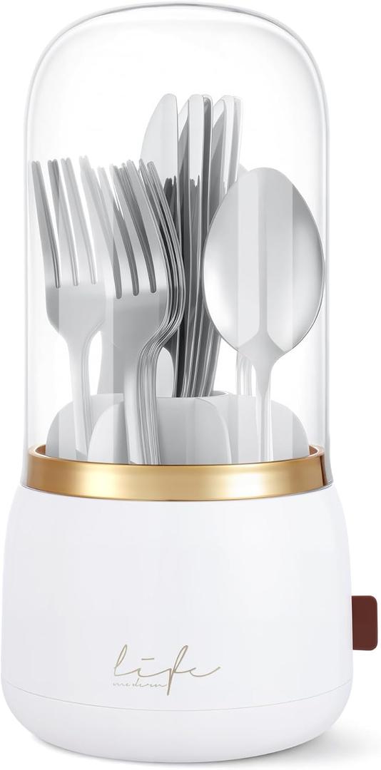 EXIN DECHEN 360 Rotation Silverware Organizer for Kitchen Counter,Utensil Holder Caddy Silverware Caddy Holder for Party,Spoon and Fork Organizer,7 Slots and Intermediate Drainage Device with Cover