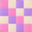 ProSource Foam Puzzle Floor Play Mat for Kids and Babies with Solid Colors, 36 or 16 Interlocking Tiles with Borders, Pink/Purple/Beige