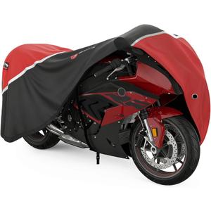 Rosefray Motorcycle Cover,Waterproof Outdoor Cover for Motorcycle,All Season Protection with Night Reflective Lock Holes Storage Bag, Fits Up to 104" Motorcycle Universal Vehicle Blkorg (XXXL-104"Lx 41" Wx 50"H, Blackred)