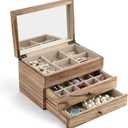 Meangood Jewelry Box Organizer for Women, 3 Layer Large Jewelry Storage Case, Rustic Wooden Jewelry Box with Mirror & Ring Tray for Necklace Earring Bracelets Rings, Vintage Style (Carbonized Black)