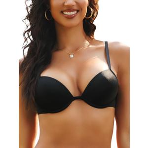Women's Front Closure Bra Push Up Padded Add Cup Demi Plunge Bras with Underwire Lift T Shirt Smooth Bralette (Black)