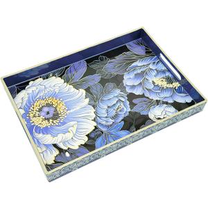 Serving Tray with Handles, 15.7 * 11.8 inches, Plastic Ottoman Tray with Exquisite Paintings, Trays for Coffee Table