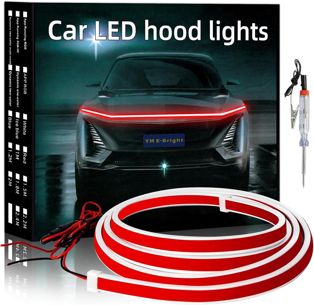 YM E-Bright Led Hood Light Strip Exterior Car Led Strip Light Waterproof Flexible DRL Dynamic Scan Start Up Hoodbeam Kit Daytime Running Lights for Car, Truck, SUV, 12V 59inch, Red, 1 Set