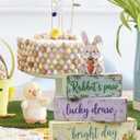 Spring Easter Dec Bunny Wooden Tabletop Decor with Rabbit’s Paw/Luck Draw/Bright Day Signs, Spring Farmhouse Spring Table Decorations for Home Indoor, Green Purple Beige Wood Blocks Set of 4
