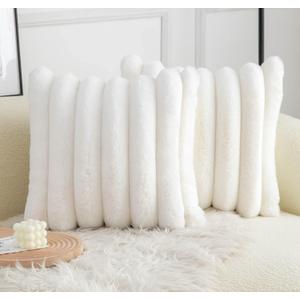 Neelvin Cream White Faux Fur Cozy Soft Striped Decorative Throw Pillow Covers 18x18 inch Set of 2,Velvet Pillowcase Cushion Case for Sofa Couch