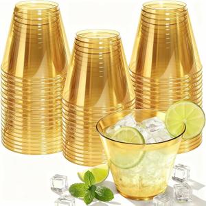 9 oz Clear Plastic Cups Glod Plastic Disposable Cups for Cocktail 50 Pack Fancy Cocktail Cup for Party Stemless Wine Glasses for Party Wedding Graduation Birthday (Gold)