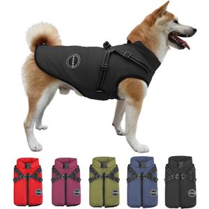 Dog Winter Coat,Warm Jacket Paded Fleece Dog Vest with Built in Harness, Windproof Reflective Cozy Adjustable Snow Pet Coat Clothes with Zipper for Small Medium Large Dogs (Black) 2XL