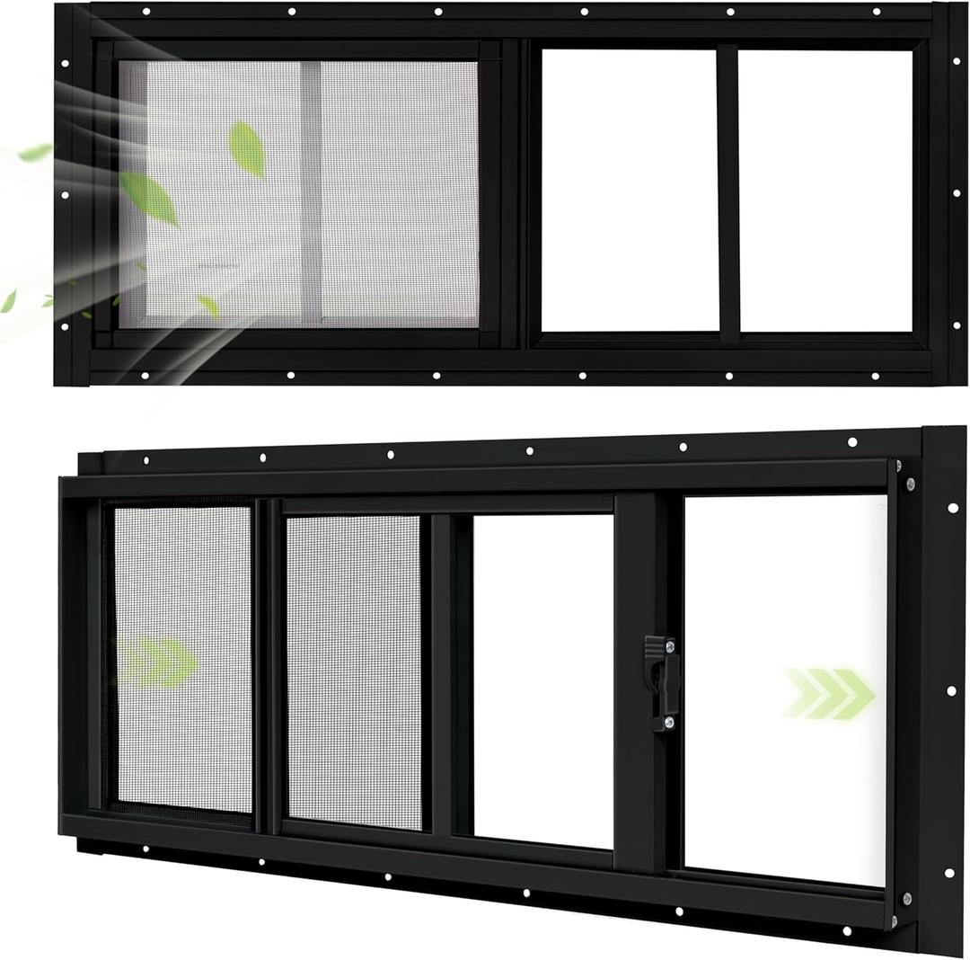 2 Pack Shed Windows, 10"x 23" Black Sliding Window Suitable for Chicken Coop, shed, Household, Barn - Transom Window with Tempered Glass and Fiberglass Screen (BK,10''x 23'')
