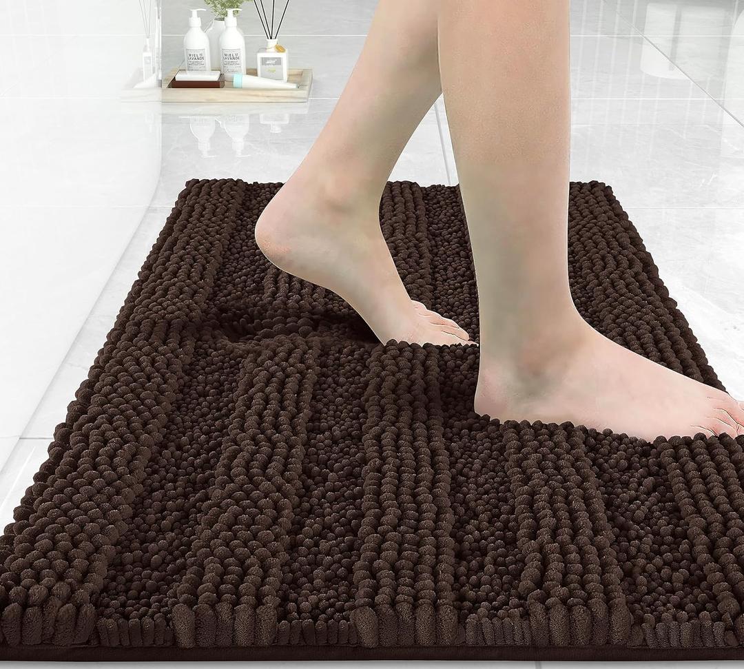 Yimobra Bathroom Rug Mat 32 x 20, Non Slip and Super Absorbent Bath Mat,Machine Washable Quick Dry,Ultra Plush Chenille Shower Rugs for Bathroom Floor Sink Tub and Shower Outside,Brown