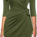 Berydress Women's Classic 3/4 Sleeve V Neck Sheath Casual Party Work Faux Black Wrap Dress (Large, Army Green)