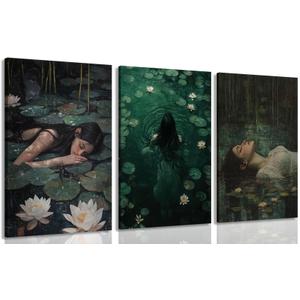 3Pcs Moody Victorian Wall Art Woman in the Lake Posters Prints Floral Ophelia Dark Academia Painting pictures Gothic Woman Wall Decor Artwork for Wall Living Room Bedroom Home Decoration 16x24in