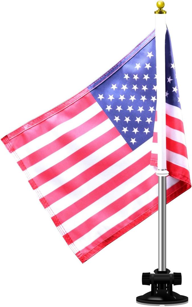 1 Pc USA Car Flag & Flagpole W/Air Suction Mount-Outdoor Adjustable Angle Suction Cup Style Flag Pole Includes 10" x 16" Inch American Flag for the Most Area of Car, RV, Truck, Boat & Other Vehicle