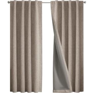 Joydeco 100% Blackout Curtains for Bedroom - Natural Linen Curtains 42" Wx 63" L Long, Thermal Insulated 2 Panels Linen Light Blocking Drapes, Rod Pocket & Back Tabs for Living Room (Beige)