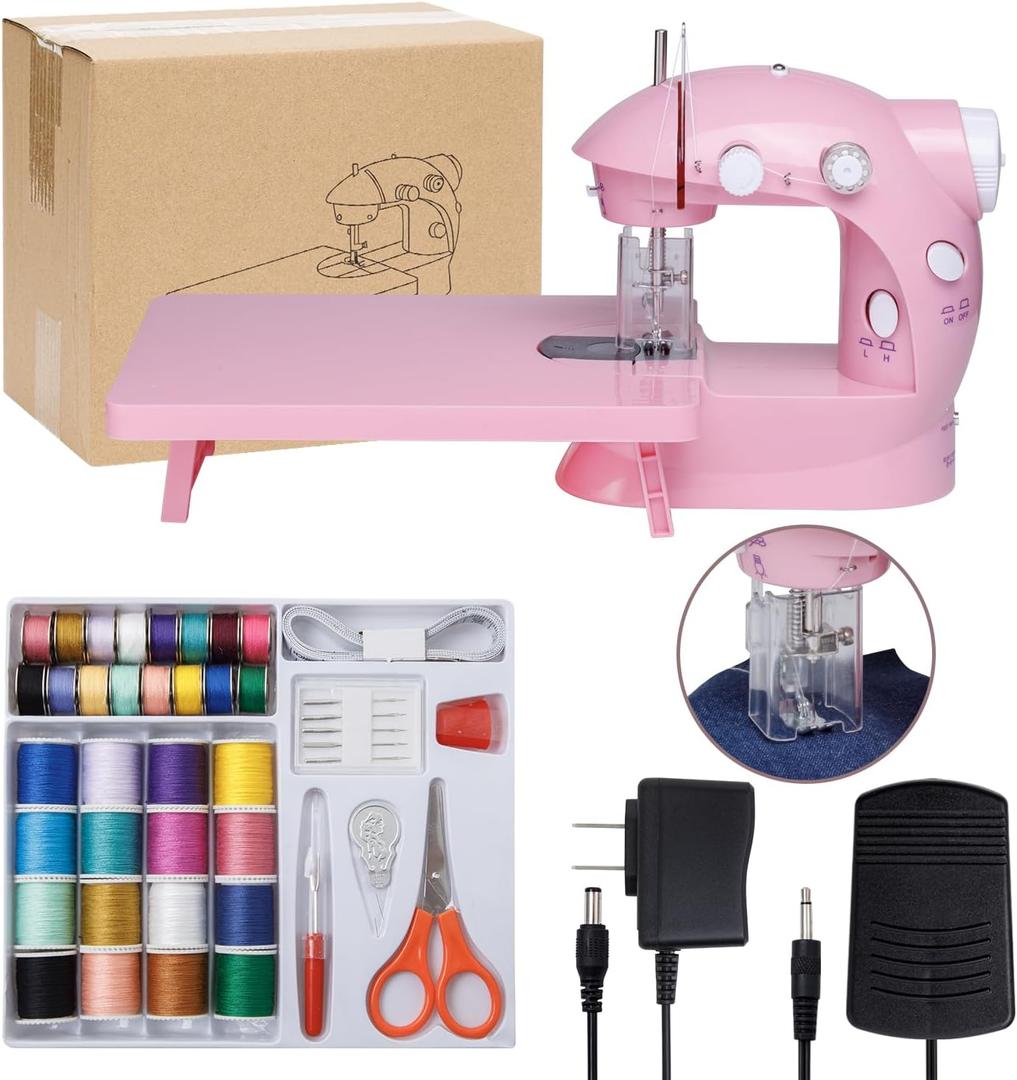 Sewing Machine for Beginners with Expansion Table and Foot Pedal and 42Pcs Sewing kit Finger Guard & Light Mini Small Portable Sewing Machines 2-Thread 2-Speed 2-Switches for Kids Ages 8-12 Peach Pink