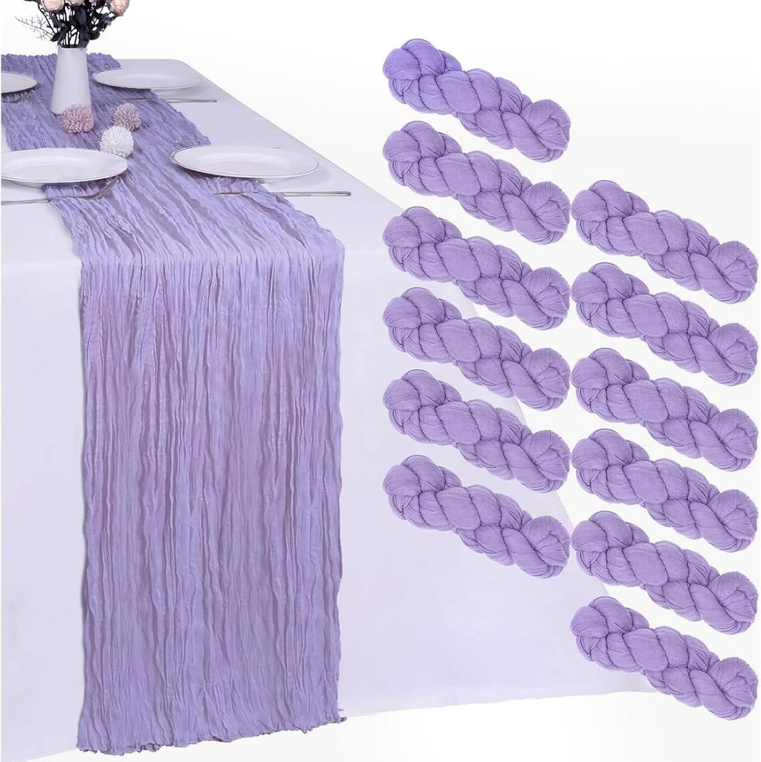 12 Pack Lavender Purple Cheesecloth Table Runner 10FT Boho Gauze Fabric Purple Table Runner 35 x 120 Inch Rustic Sheer for Spring Holiday Wedding Decor Baby Shower Party