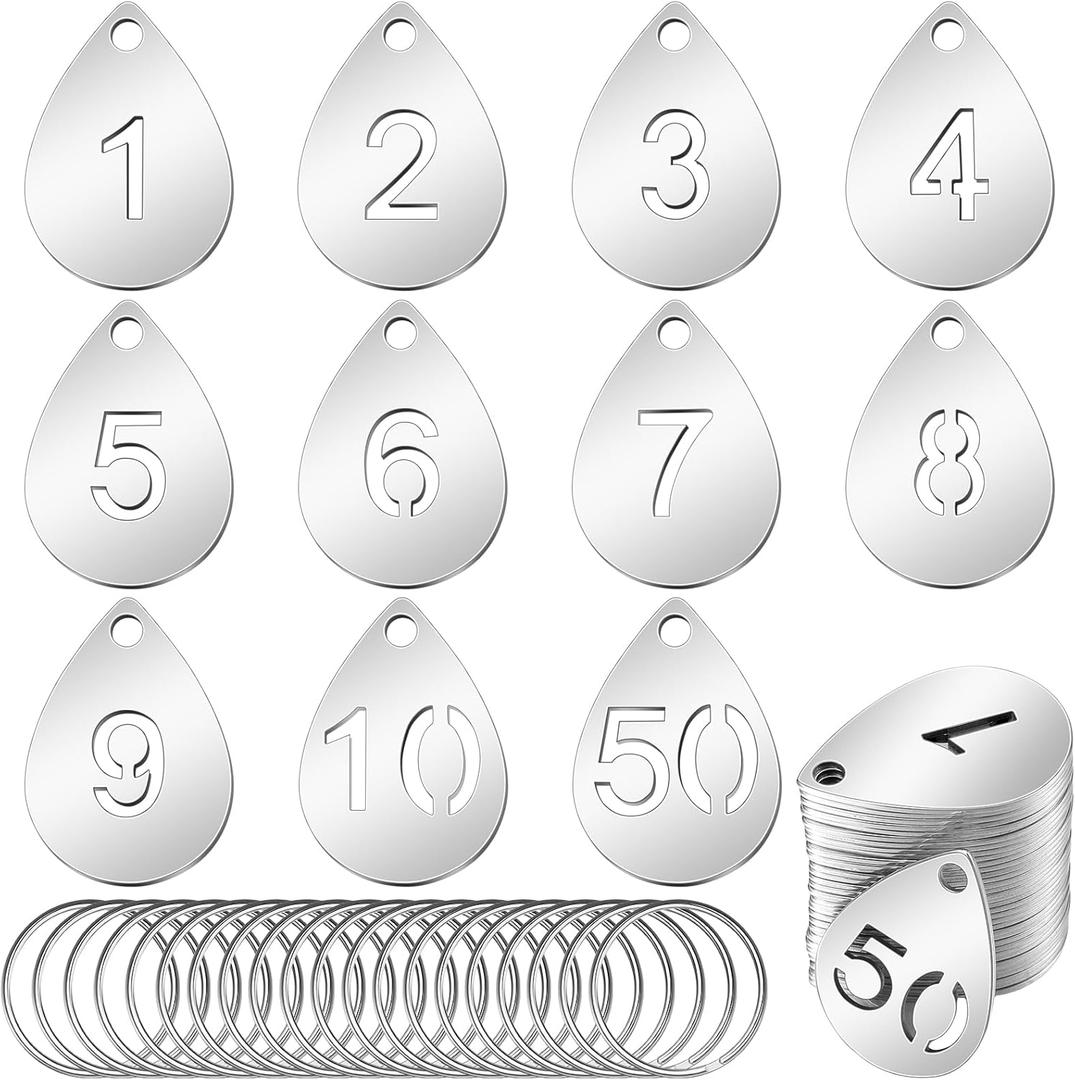 Yaocom 50 Pcs Hollowed Stainless Steel Number Tags Metal Numbered Key Number Labels Coat Check ID Tags with Key Rings Chain for Backpack Hooks Dormitory Keys House Lockers