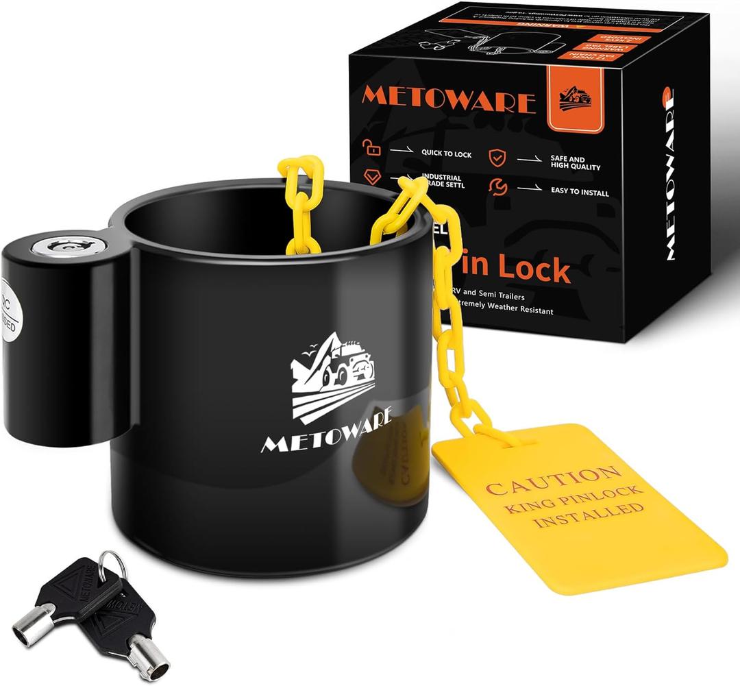 METOWARE 5th Wheel King Pin Lock with Warning Tag for 5th Wheel, RVs, Semi Trailers and Campers (Black)