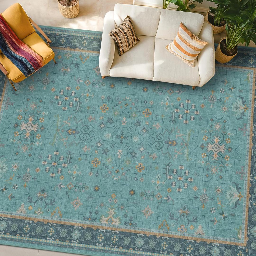 Boho 8x10 Large Teal Green Rugs for Living Room - Vibrant Turquoise Rug for Bedroom under Bed, Dining Room under Kitchen Table, Washable Soft Non Slip Unique Aqua Colorful Indoor Dcor teal area rug