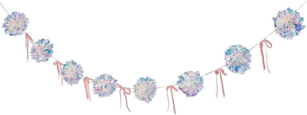 Iridescent Christmas Decorations, Xmas Banner 1 Piece, Iridescent Pompom Garland with Pink Bows, Shimmering Mantel Garland for Christmas Tree, Fireplace, Holiday Party Decorations