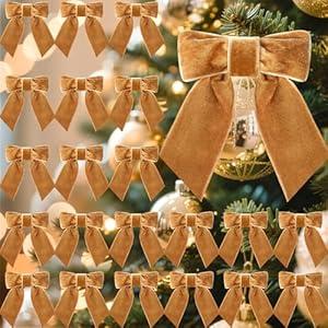 Glitinsel 30 Pcs Velvet Ribbon Bows 5" x 4" Pre Tied Christmas Velvet Bows with Twist Tie for Gift Packaging Christmas Tree Wreaths Door Windows Wedding Party Decoration (Golden Brown)