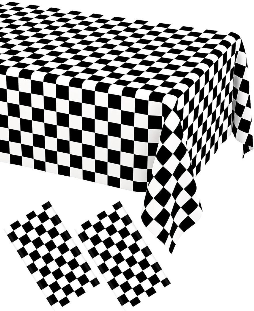 WNINK 2 Pack Black and White Checkered Disposable Tablecloth Race Car Theme Party Table Cloth, Black checkered tablecloth for Race Car Theme Birthday, Outdoor Picnic Parties Decorations, 54  108 Inch